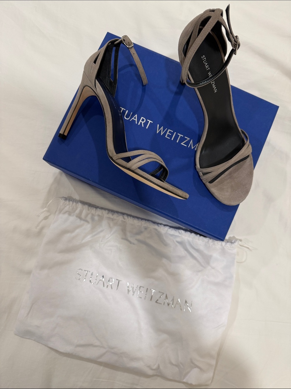 Stuart Weitzman Whichway Taupe Suede Strappy Stiletto Sandals